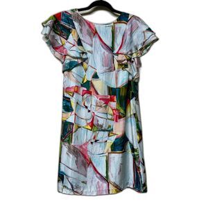 ALI RA 100% Silk Flutter Sleeve Artsy Abstract Mini Dress, Sz 4